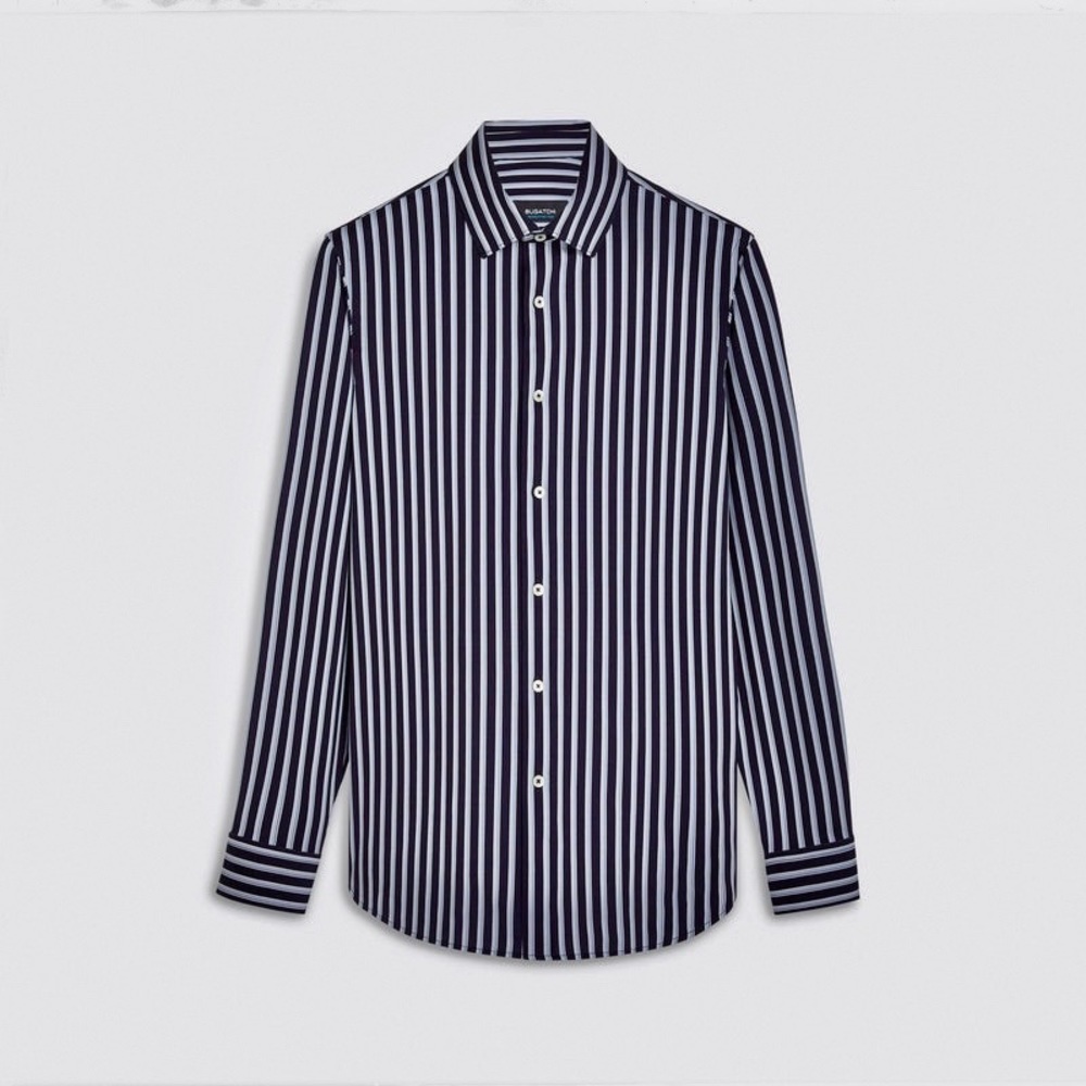 NWOT Bugatchi Uomo Navy Blue James Bengal Stripe OoohCotton Twill Shirt Size XL